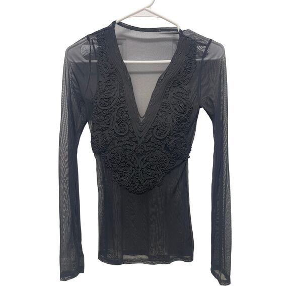 None Tops - Whimsy goth grunge mesh long sleeve v-neck embroidered chest black XS